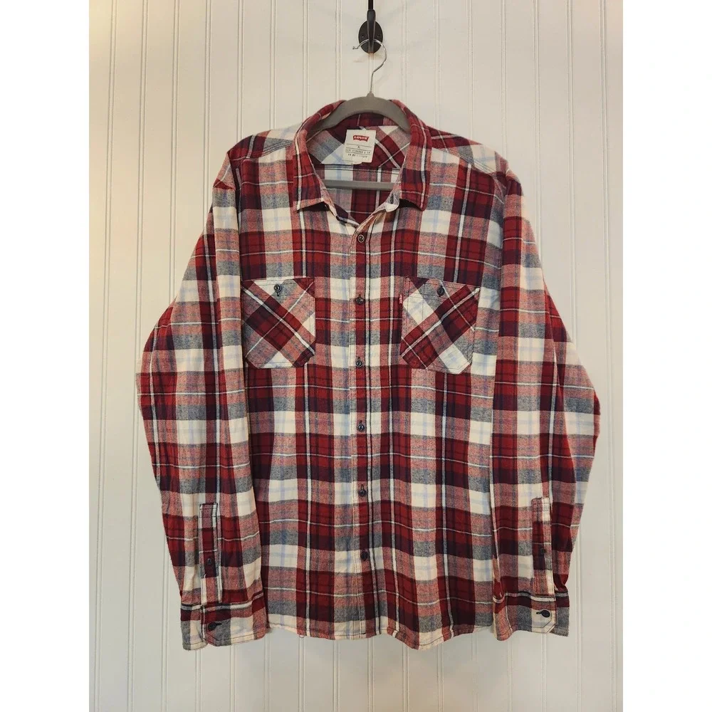Levis Mens Red‎ White Blue Plaid Flannel Button Down Shirt XL Long Sleeve Casual